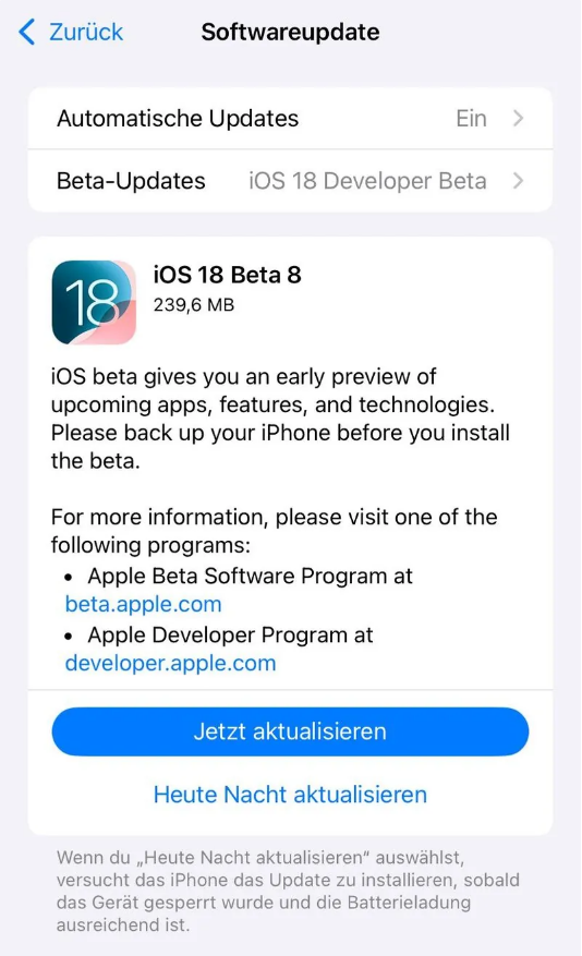 广平苹果手机维修分享苹果 iOS / iPadOS 18 开发者预览版 Beta 8 发布 